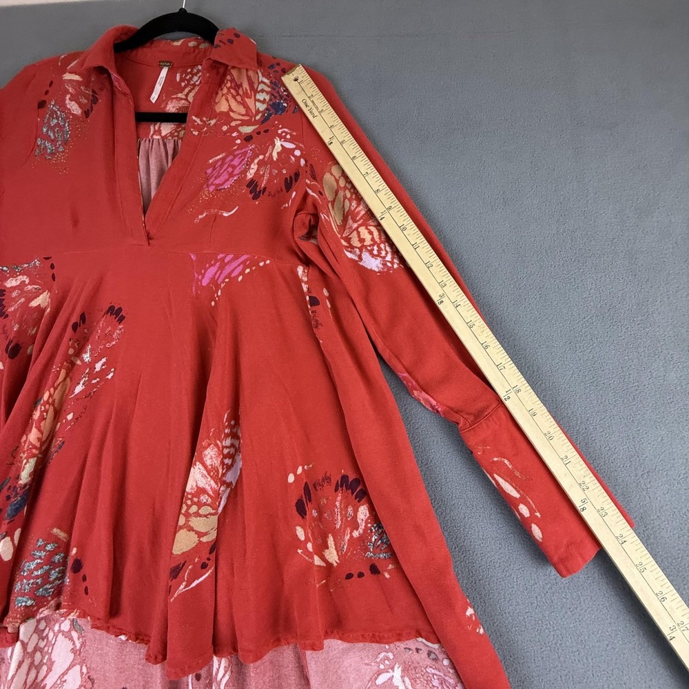 Free People Tunic Shirt Womens Small Red Floral Butterfly Boho Long Sleeve Rayon - Picture 11 of 16